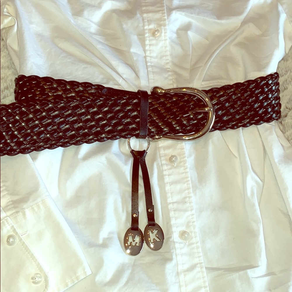 Michael Kors woven black belt silver initial charm